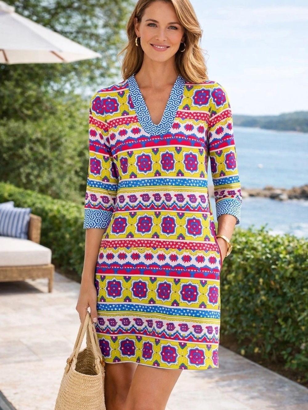J. McLaughlin Dress Gisel Catalina Cloth 3/4 Sleeve Yellow Multi Print S Artsy